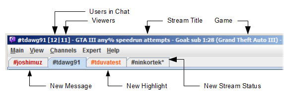 Top of the main Chatty window, explaining the data in the title and the meaning of TAB colors